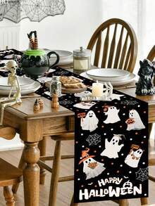 1pc 35*180cm Halloween Theme Table Runner, Cute Ghost & Spider Web Design Table Cloth, Halloween Party, Kitchen & Home Decor, Indoor & Outdoor Use, Holiday Dining Table Decoration, Halloween Party Supplies - Multicolor - View 5