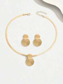 3-Piece Jewelry Set With Necklace + Earrings For Women, Elegant Gold Flat Chain Choker Necklace With Geometric Spiral Design And Round Pendant, High-End Gift Accessories For Daily Wear, Holidays And All Seasons - 多拉多 - 查看 3