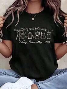 Women's Short-Sleeve Loose 1 Piece T-Shirt With Coffee Cup And Coffee Maker Print, Coffee Brewing Text, Round Neck, Personalized Gift For Her, Cotton T-Shirt, Breathable And Sweat-Absorbent Summer Short Sleeve 100% Cotton - 黑色 - 查看 5