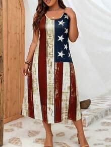 Vestido largo casual con estampado de bandera estadounidense para mujer de talla grande, vestido de verano de cuello redondo para vacaciones, conjunto casual de vacaciones, vestido ajustado de playa midi - Multicolor - Ver 1