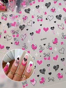 1 Foglio di adesivi per unghie con cuori e fiocchi in stile gotico rosa e nero, decalcomanie 5D autoadesive con disegni di farfalle e croci, decorazioni per unghie impermeabili per uno stile Y2K grunge, perfette per San Valentino e manicure quotidiana - Multicolore - Visualizzare 4