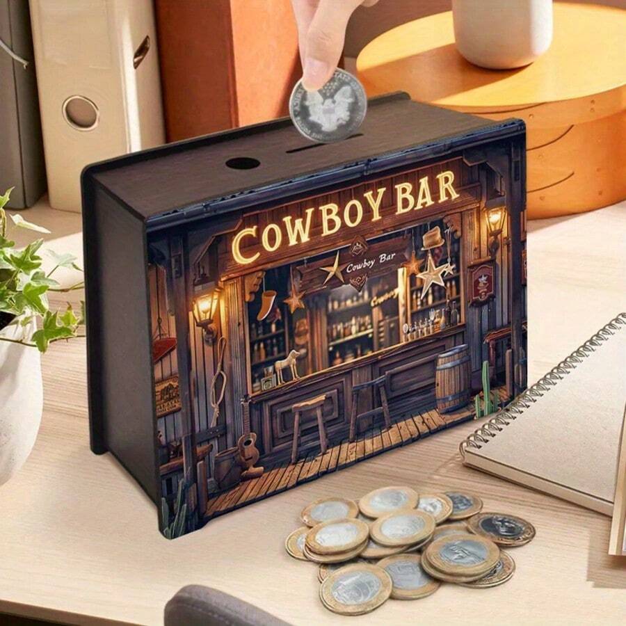 Hucha artística de madera hecha a mano, caja decorativa rectangular para almacenar monedas, adecuada para decoración del hogar, exhibición en bibliotecas, regalos de Halloween y Navidad, pequeño organizador - Multicolor - Ver 1