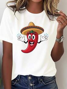 Women's 100% Cotton T-Shirt With Mexican Chili Print - Bright Design Of Chilies And Cacti, Casual Round Neck Top With Chili Powder Print, Comfortable For Everyday Wear In All Seasons, Showcasing Mexican Cultural Charm. - 白色 - 查看 7