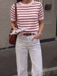 Cárdigan de mujer con cuello en V y manga corta,decoración con botones delanteros,estilo de moda minimalista y versátil casual,adecuado para el uso diario,linda blusa de punto para el verano - Rosa - Ver 3