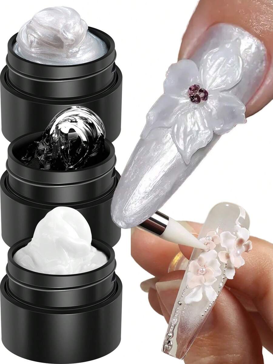 适用于指甲的固体延长胶，不粘手，白色透明珍珠白缎面硬胶，3D雕塑胶，用于指甲塑形，非常适合制作3D花朵和美甲设计，专业美甲沙龙用品，适合专业人士和初学者