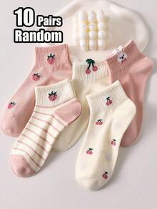 5/10 Pairs Women Anti-Slip Short Socks, Pink Cherry & Strawberry Pattern, Suitable For All Seasons - Multicolor - View 8