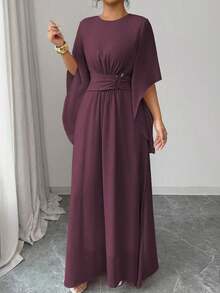 Vestido midi asimétrico con cintura elástica, cuello redondo, hebilla metálica en la cintura y falda acampanada, en color rosa sólido, para mujer, ideal para primavera/verano, ocasiones casuales, de vacaciones, tardes de té, San Valentín, bodas y fiestas, con estilo romántico francés y elegante de Sicilia - Granada - Ver 3