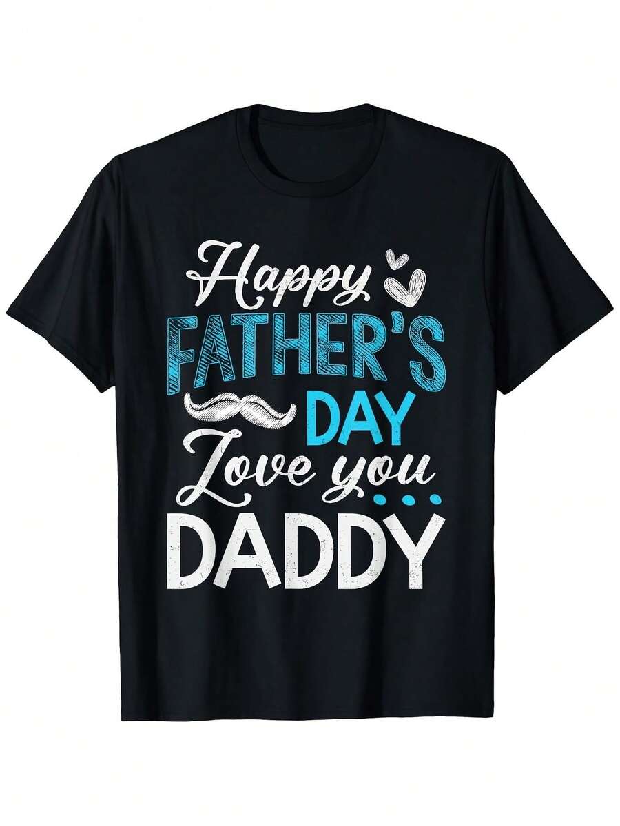 Men's 100% Cotton T-Shirt For Father's Day | Casual Short Sleeve Crew Neck T-Shirt, Soft And Breathable, With "Happy Father's Day" And "Birthday" Print In Turquoise And White, With Mustache And Hearts, Ideal Gift For Dad, Grandad, Birthday And Father's Day (Sizes S-XL) - 黑色 - 查看 1