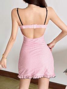 Top Dazzle French Chic Contrast Ruffle Backless Mini Polka Dot Dress For Women - Pink - View 6
