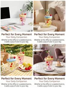 Gelas Kaca Warna Krem dengan Motif Apel Lucu, Dilengkapi Sedotan Dekoratif dan Tutup Silikon, Gelas Air Sedotan Kapasitas Besar yang Cantik dan Lembut, Cocok untuk Kopi Dingin, Teh Buah, Sempurna untuk Penggunaan di Rumah dan Kantor - MultiWarna - View 4