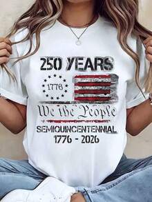 Women's T-Shirt With American Flag Print, "We The People", 250 Years, Semi-Quinceañera, 1776-2026, Crew Neck, Casual Style, Gift For Independence Day Celebration, 220g, Oversized Blouse - 白色 - 查看 1