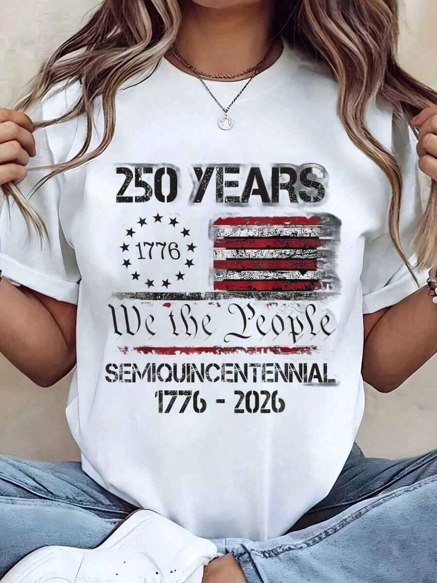 Women's T-Shirt With American Flag Print, "We The People", 250 Years, Semi-Quinceañera, 1776-2026, Crew Neck, Casual Style, Gift For Independence Day Celebration, 220g, Oversized Blouse - 白色 - 查看 1