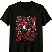 Hazbin Hotels Alastor X Charlie Couple T-Shirt, Anime Fanart Print Casual Tee. Suitable As A Gift. Women's T-Shirt. Elegant Blouses. Boho Chic. Soft, Breathable, And Comfortable Women's Top, Ideal For Spring, Summer, And Autumn, Perfect For Vacations, Travel, And Everyday Wear. - 黑色 2 - 查看 7