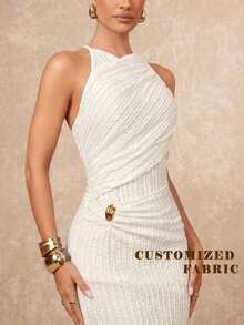 xheLumalex Vestido ajustado con cuello redondo, fruncido y decoración metálica cruzada para mujeresxhe - Albaricoque 2 - Ver 10