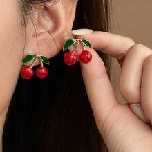 1 Pair Stainless Steel Red Cherry Strawberry Stud Earring, Women Sweet Cute Small Fruit Shaped Stud Earrings Girls Summer Jewelry Accessories Gifts - Fruit Series Earrings - View 1