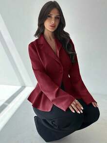 AYYFirerie Chaqueta delgada de lino con cintura, manga larga, cuello de solapa para mujer, color albaricoque para otoño/inviernoAYY - Burdeos - Ver 5