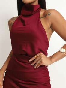 Women's Satin Blouse With High Neck And Open Back, Elegant For Parties - Redwood - View 2
