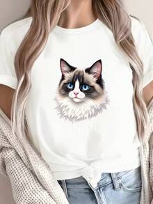 Comfortable Solid Color T-Shirt For Women With A Soft Plush Cat Design. - White - View 7