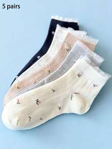 5 Pairs Women's Short Socks, Ditsy Floral White & Black Casual Socks, Minimalist & Comfortable, Suitable For All Seasons - Multicolor - View 9