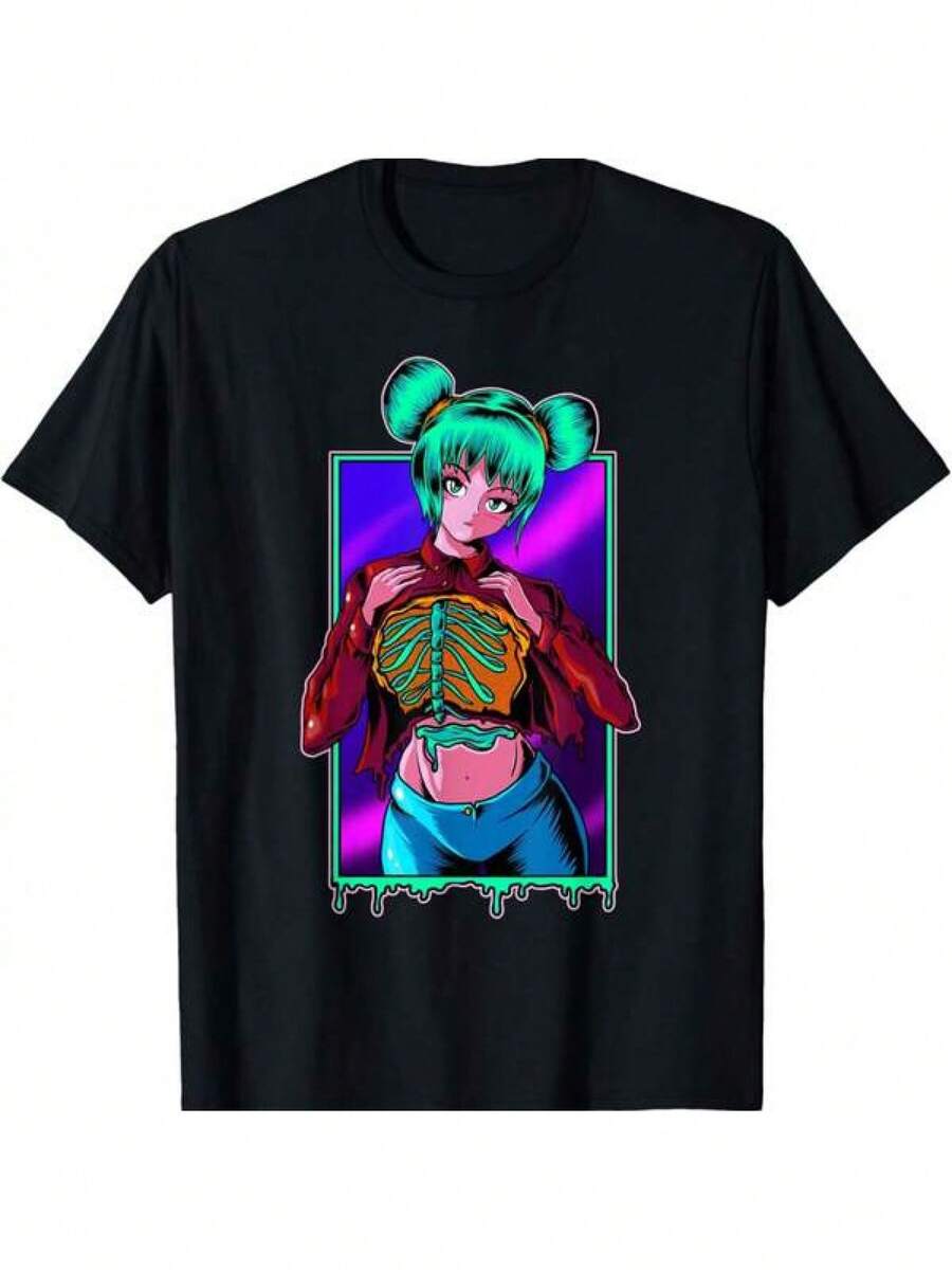 Camiseta con una chica anime de estética espeluznante, perfecta para fans del anime japonés y entusiastas otaku - Negro - Ver 1