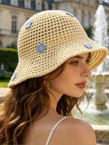 1pc Women's Fashionable Solid Color Daisy Straw Hat, Soft & Breathable, Suitable For Camping, Beach, Travel, Hiking And Various Occasions - A - View 1