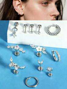 Bộ 16 chiếc khuyên tai sụn 16G, trang sức xỏ lỗ tai Tragus, khuyên tai vành tai, khuyên tai đinh tán, khuyên tai vành tai, khuyên tai có chốt vặn, khuyên tai đá Cubic Zirconia, khuyên tai nhỏ dành cho nữ - bạc 12 cái - Xem 3