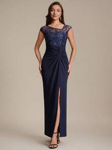 EVERPRETTY Luxurious Navy Blue Floral Sequin Sleeveless Asymmetrical Neckline Long Sparkling Formal Evening Gown, Suitable For Parties, Proms, Banquets, Cocktail Parties And Semi-Formal Occasions - Navy Blue - View 5