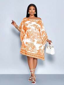 Vestido de mujer de talla para primavera y verano, elegante y para vacaciones casuales, vestido de longitud media con hombros inclinados, hombros asimétricos, pañuelo cuadrado off shoulder, vestido con patrón de rayas en bloque de color negro y blanco, impresión de posicionamiento, impresión tejida, adecuado para uso diario, compras, citas, ropa de amigas, ropa de invitados de boda, ropa de vacaciones, digno y adinerado, vacaciones de lujo tranquilo - Naranja 2 - Ver 5
