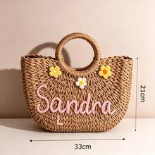 MerexSync 1pc Customized Text Floral Decor Straw Crescent-Shaped Beach Bag, Vacation Wedding Party Handbag, Bridesmaid, Bride, Bridesmaid Gift, Vacation Handbag, Teacher Gift, Beach Bag, Personalized Bag, Bag, Unique Gift - Multicolor - View 19