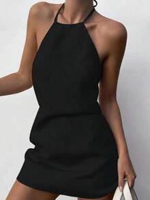 Vestido mini minimalista de mujer de unicolor, con cuello halter, para fiestas y viajes - Negro - Ver 12