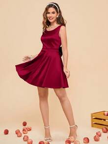 Vintage 1950s A-Line Cocktail Party Bow Round Backless Dressy Dresses - Red - View 5