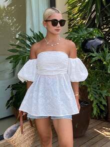 Blusa de encaje con un hombro descubierto y cintura, para verano - Blanco 2 - Ver 3