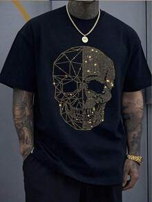 1 Piece (100% Cotton, 220g) Men's Short Sleeve Crew Neck T-Shirt, Digital Graphic Print Gold Skull, Casual Halloween Party Themed T-Shirt, Stylish For Summer. - 黑色 - 查看 8