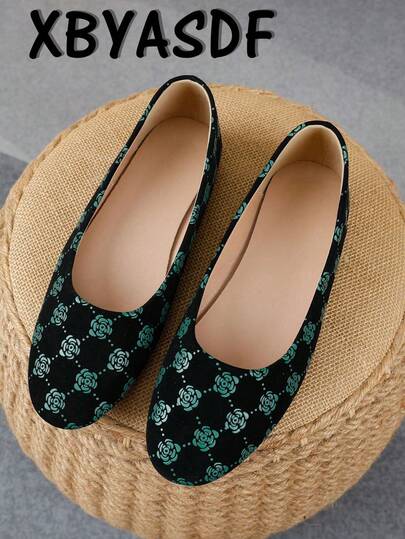 XBYASDF 2026 Nouvelles chaussures de ballet à imprimé floral noir pour femmes, avec bout rond. Chaussures confortables à enfiler pour un usage quotidien décontracté