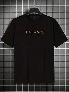 Camiseta casual de manga corta con cuello redondo y estampado de letras para hombres de talla grande - Negro - Ver 2