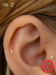 IN Z 1 pièce Boucle d'oreille en cartilage d'oreille en or à faible allergie avec étoile et lune en argent sterling 925 à filetage interne | Boucle d'oreille en cartilage de pierre de naissance | Anneau de lèvre plat | Convient pour le port quotidien des femmes (vendu individuellement) - Multicolore - Voir 2