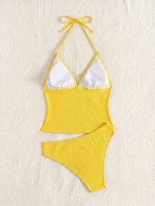 Swim Mod Nuevo conjunto de bikini de camisola azul sexy con concha bordada, estilo europeo y estadounidense, traje de baño estilizante para playa y resort, 2 piezas para mujer - Amarillo - Ver 2