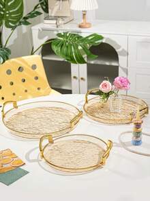 Tea Cup Coffee Cup Water Cup Serving Tray, Thickened PET Round Transparent Glacier Pattern Tray With Handles, Durable - Perfect For Home Living Room Decor, Weddings And Parties - Amber With Gold Trim - View 8