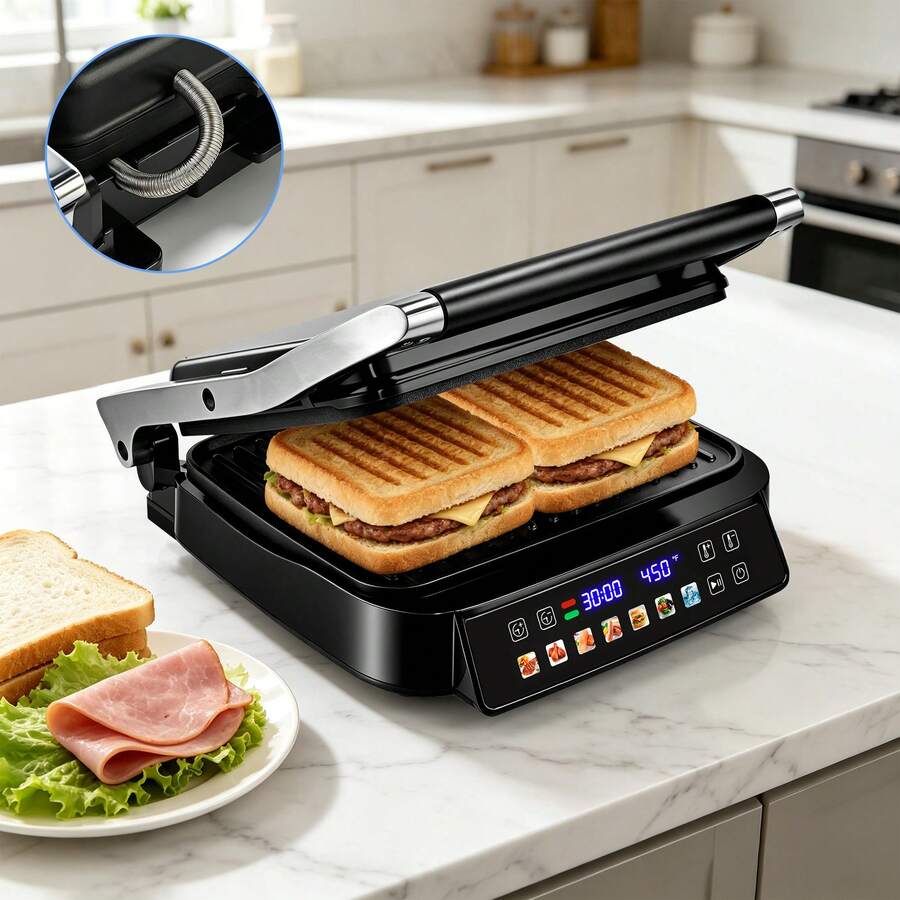 Sandwich Maker/Breakfast Maker With LCD Display, 1500W Power Dishwasher Removable Plates 180° Opening And Closing Ideal For Home Dorm Gatherings And Parties - Black - View 1