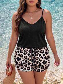 Plus Size Women's V-Neck Camisole And Leopard Print Drawstring Shorts Set, Casual Spring/Summer 2-Piece Outfit Elegant - Multicolor - View 8