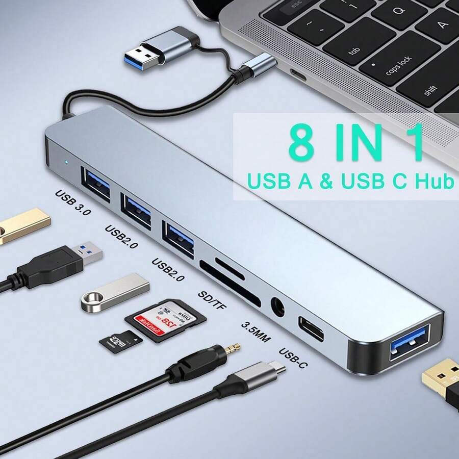 雙接頭 USB 3.0 集線器,8 合 1 多功能轉接器,含 USB-A/USB-C、4 個 USB 3.0 接口、SD/TF 讀卡機、音訊插孔,筆記型電腦、PC 適用便攜式鋁合金擴充塢 - 查看 1
