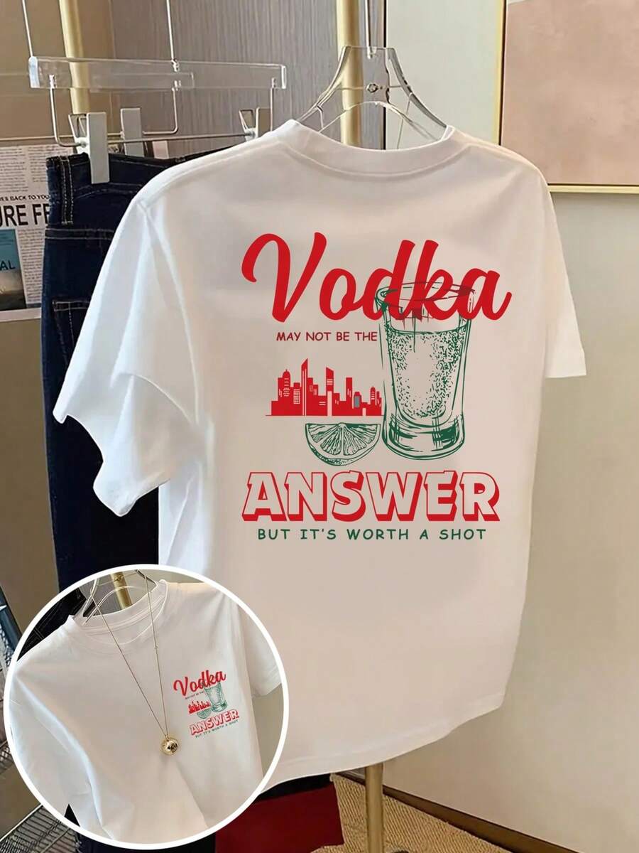 Short-Sleeved T-Shirt, 100% Cotton, With A Vodka And Cocktail Print - Women's T-Shirt With A Modern Print For Spring/Summer, A Fashionable Item Suitable For All Seasons. Wear It As A Base Layer In Spring And Autumn Or On Its Own In Summer. Unisex Style, Modern Heavyweight Cotton City Boy T-Shirt. - 白色 - 查看 1