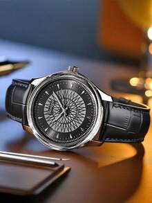 1pc Fashion Business Men's Watch, Round Dial Quartz Watch With PU Leather Strap, Suitable As Best Gift For Boys, Suitable For Daily Wear, Back To School Season, Couples, No Watch Box Included - Black - View 5