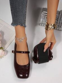 Women's Black Buckle Decor Minimalist Ballet Flats, Fashionable Elegant Mary Jane Shoes, All-Season Shoes, Suitable For Professional Wear, Student Wear, Home Wear, Travel Wear, Elegant Elegant Wear, Classic Versatile, Soft And Comfortable, Excellent Experience - Burgundy - View 5