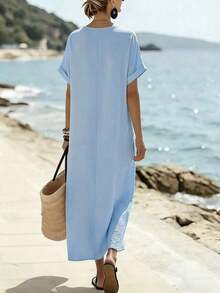 Holidaya Vestido de mujer de manga corta de longitud media con cuello de corbata, bolsillo suelto y textura de tela de color albaricoque para uso diario, viajes y vacaciones. Vestido largo de mujer estilo resort, vestido casual de verano Zanzea para mujer. Vestidos casuales largos para mujer en color azul claro, azul bebé y turquesa. - Celeste - Ver 2