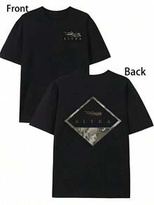 Short-Sleeved T-Shirt With Double-Sided Digital Print, "Sitka" Brand And Camouflage Graphic Design, Black, 1 Piece, Casual, Soft, 100% Cotton, Unisex, Y2K Style Sportswear, Round Neck, 100% Cotton, Soft Fabric, Short Sleeve. - 黑色 - 查看 7
