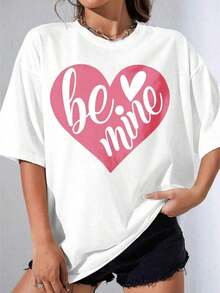 Women's Black And White T-Shirt, Oversized White T-Shirt With "Be Mine" Heart Print, Casual Top For Valentine's Day, Outdoor Parties, Casual Printed T-Shirt - 白色 - 查看 2