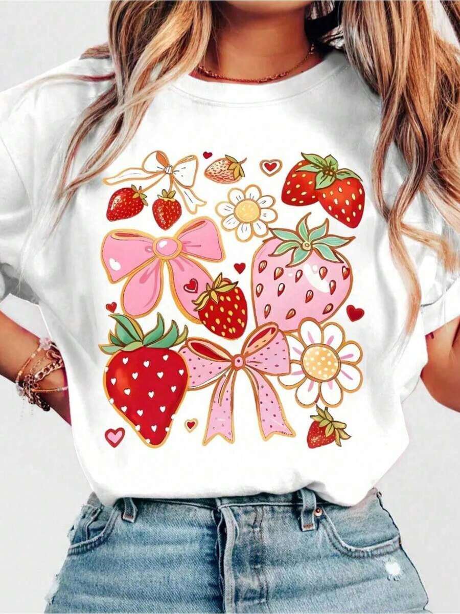 Women's T-Shirt With Strawberry Print, Bows And Flowers, Heat Transfer Design, Red Strawberries, Sweet, Youthful Style, Vibrant Colors, Eye-Catching Modern Casual Outfit - [白色的] - 查看 1