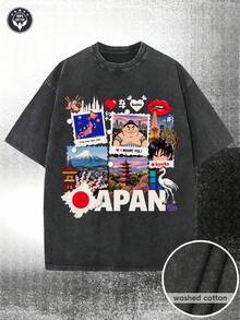 Estilo limpio de 230G, con un diseño de patrón japonés vintage que incluye el Monte , pagodas, corazones, grullas, luchadores de sumo y la llamativa inscripción "JAPAN", confeccionado con tela de alta calidad, perfecto para ropa casual de verano y viajes. - Negro - Ver 1