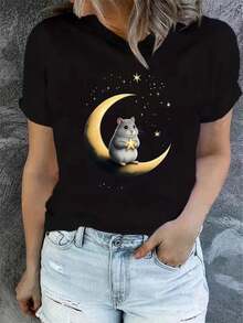 1 Women's Summer Short Sleeve T-Shirt With Print, Modern And Casual, Machine Washable, Comfortable Fit, 2D Flat Print, 180g 100% Cotton. - 黑色_04 - 查看 12